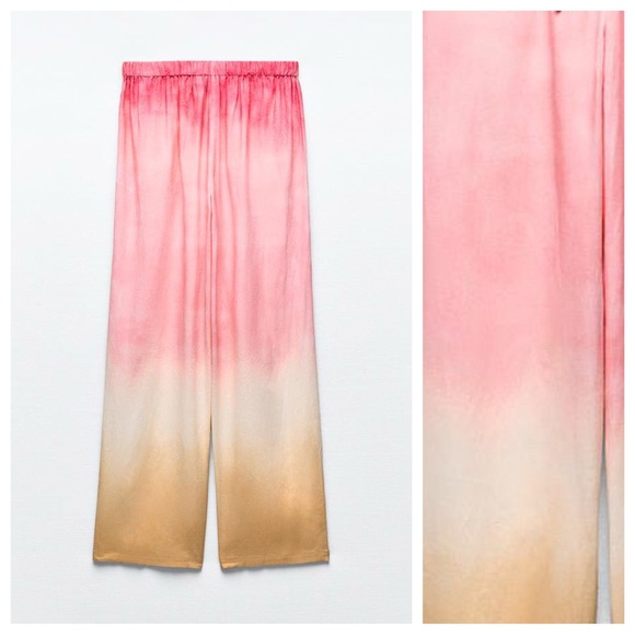 NWT. Zara Pink/Cream Linen Blend Tie-Dye Wide Leg Trousers. Size S. - Picture 6 of 8